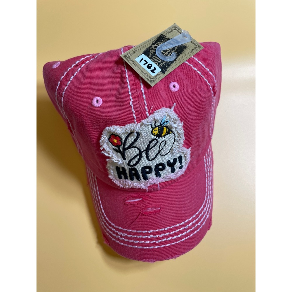 KBETHOS Baseball Cap Womens OS Red NWT Bee Happy Distressed Contrast Stitch Hat